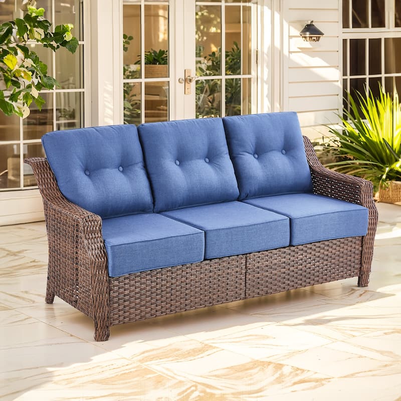 Outdoor Couch 3 Seater Sofa Deep Seat Sofa - Blue - Brown