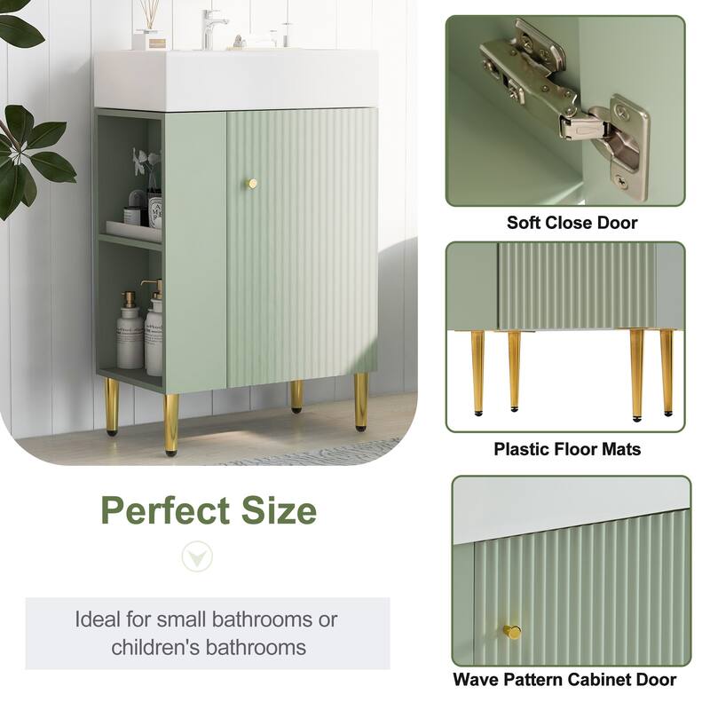 21.6" Bathroom Vanity with Sink, Left Side Storage Pocket, Ceramic Basin, Gold Legs, Modern Freestanding Cabinet