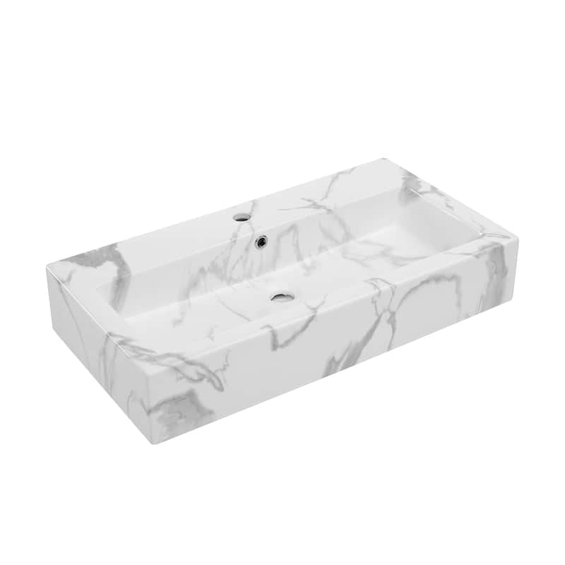 Lausanne Wide Rectangle Wall Hung Sink In White Marble - 32.25" x 17.3" 5.75" - 32.25" x 17.3" 5.75" - White Marble