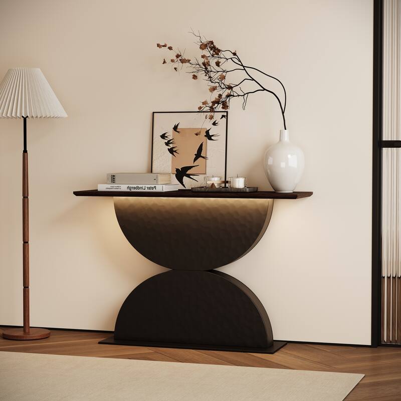 47" Accent Console Table, Wooden Accent Narrow Sofa Table Entryway Table with Double Semi-Circle Base and LED Light