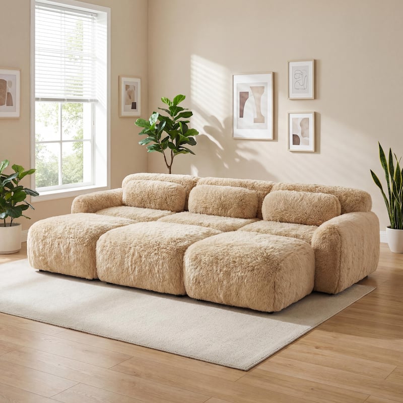 Homy Casa Light Khaki Modular Sectional Sofa, Soft Plush Fabric Cloud Couch with Anti-Slip Base & Decorative Pillows - Khaki7