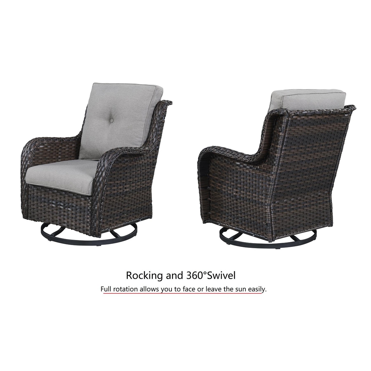 3 Piece Outdoor Wicker Swivel Rocker with Cushion Table Brown Grey