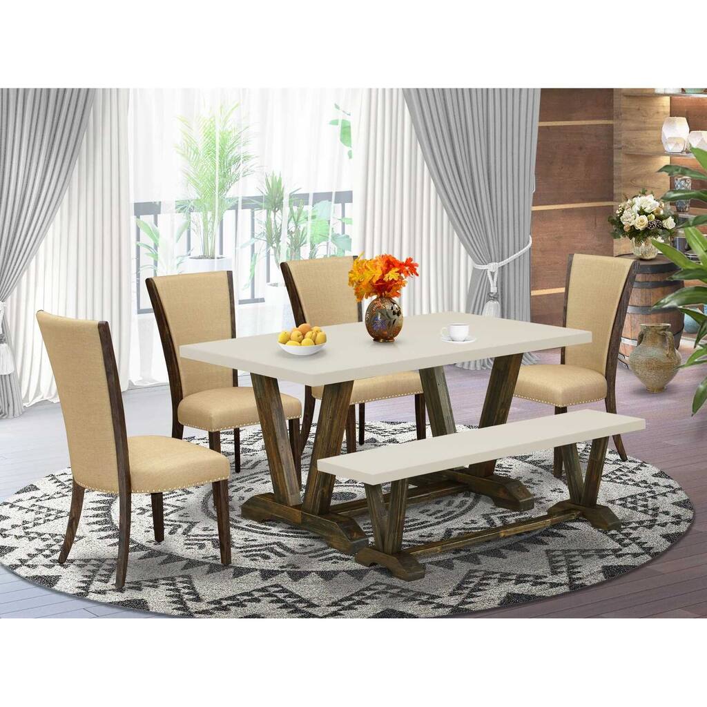 HomeStock 6-Piece Rectangle Distressed Jacobean Finish Solid Wood Top Dining Table with 1-Bench, 4-Chairs