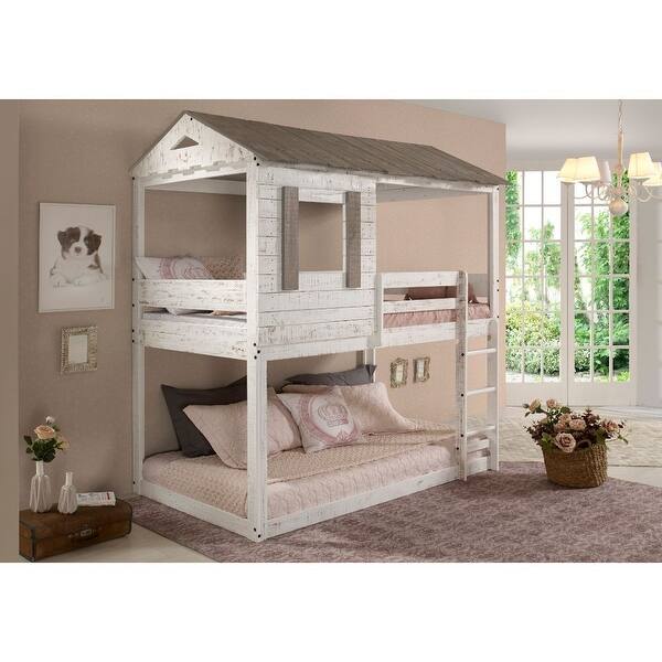 slide 2 of 3, White Twin over Twin Size Solid Wood Bunk Bed with Roof and Ladder for Kids, Boys and Girls, Bedroom White