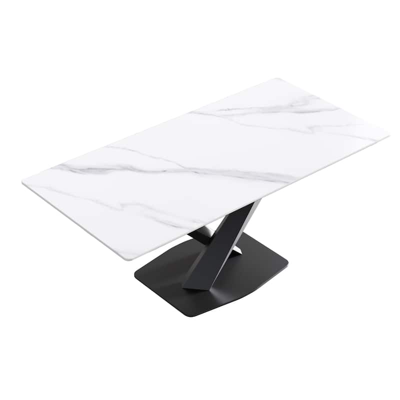 70.87" modern artificial stone white straight edge black metal leg dining table-can accommodate 6-8 people