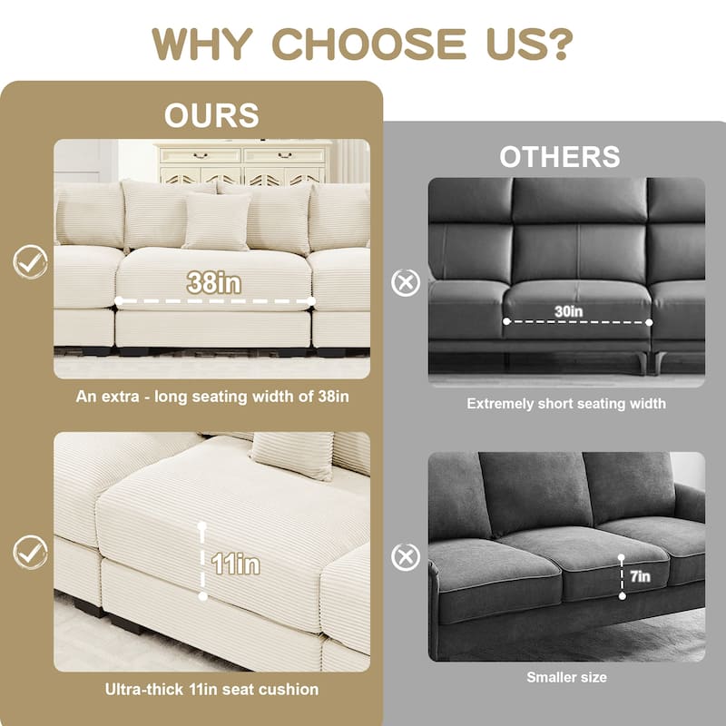 GDFStudio - Corduroy 3-Seater 130" Cloud Sofa Couch with Extra-Thick Armrests