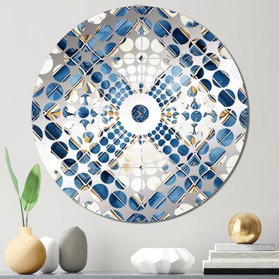 Designart "Vintage Blue And White Mosaic Geometric" - Modern Geometric Concentric Circles Decorative Mirror