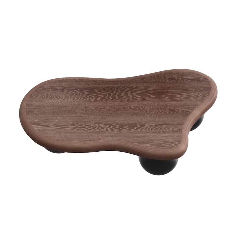 40 Inch Cloud Shaped Coffee Table with 3 Ball Legs for Living Room, Walnut Top Black Legs