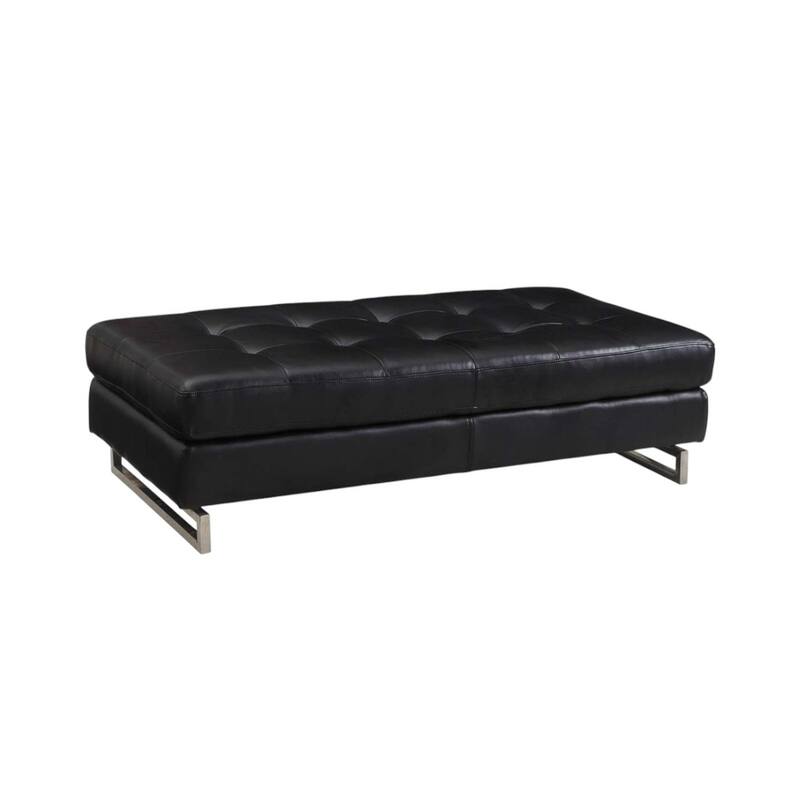 HomeRoots 63" Black Tufted Faux Leather and Silver Ottoman