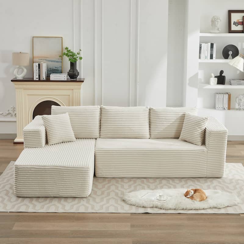 106" Corduroy Upholstery L-Shaped Cloud Modular Sectional Sofa with Chaise and Pillows, All-Foam Compression Design