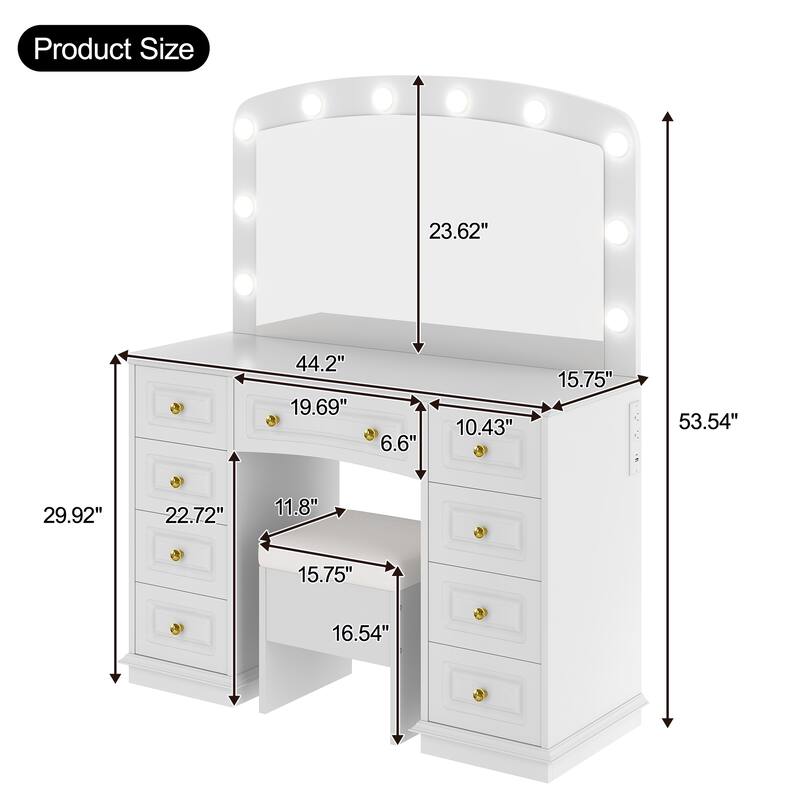 Vanity Desk with 10 Hollywood Bulbs & Stool, Multi-functional Vanity Set, Dressing Table with Charging Station & 9 Drawers
