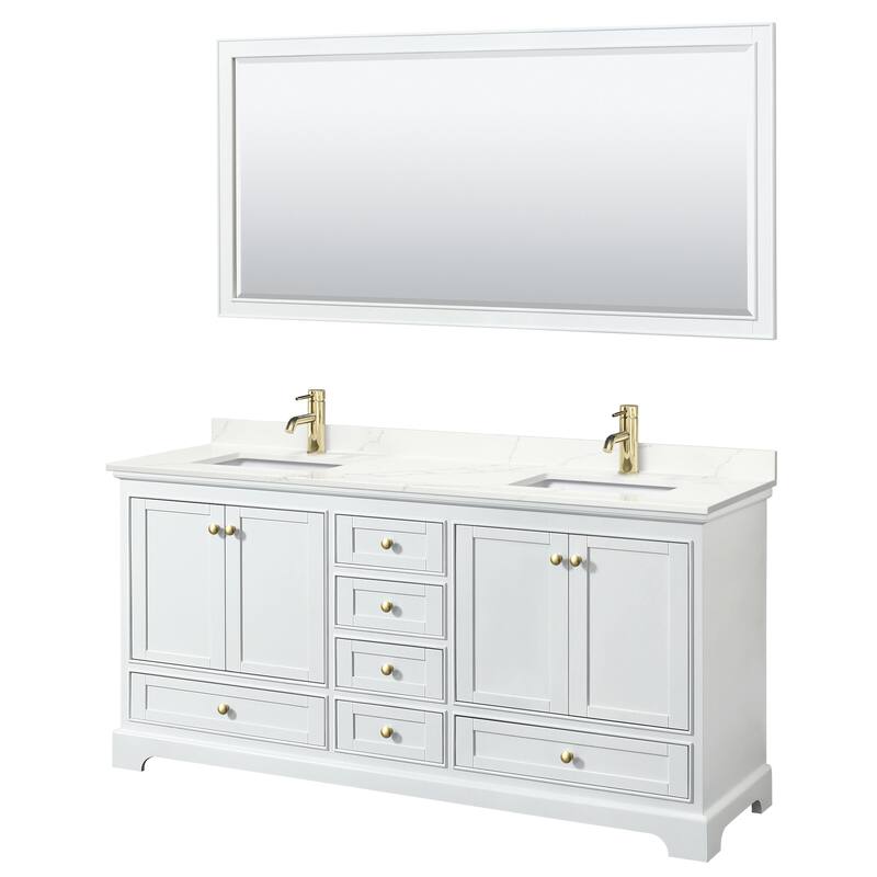 Deborah 72-inch Double Vanity, Quartz Top, 70-inch Mirror - White, Gold Trim, Giotto Quartz Top