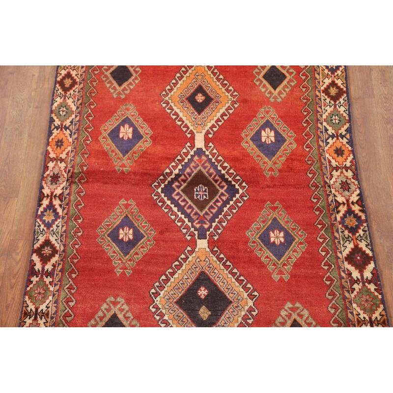 Geometric Shiraz Persian Vintage Accent Rug Hand-Knotted Wool Carpet - 3'4" x 4'11"
