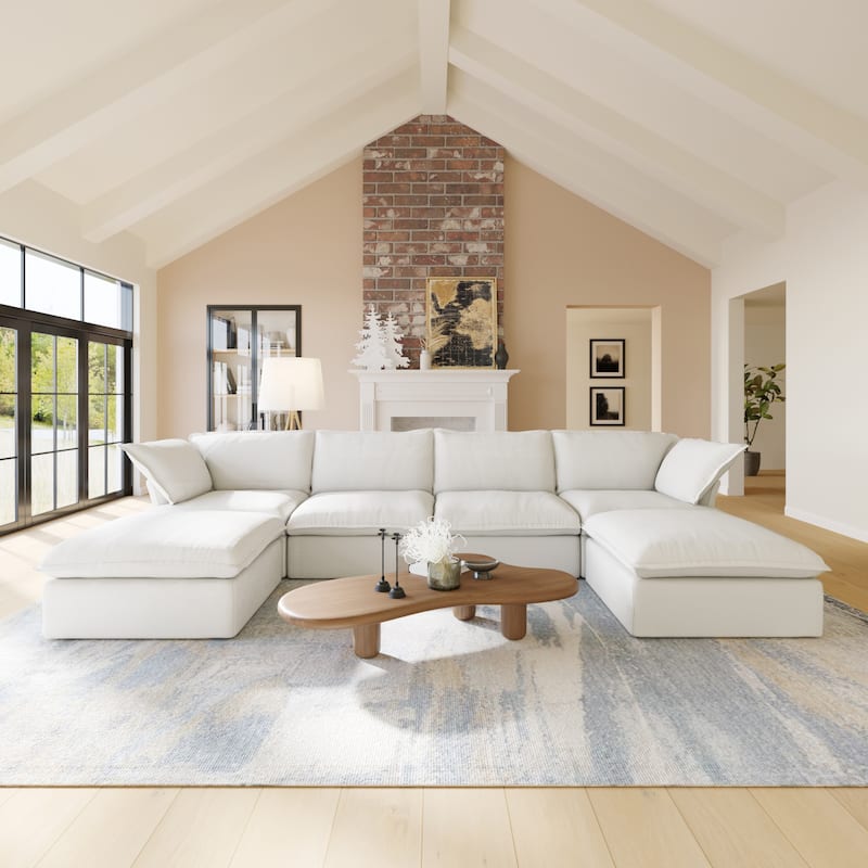 U-Shaped Velvet Sectional Sofa Modern Cushion Back Couch Sofa for Livingroom - White