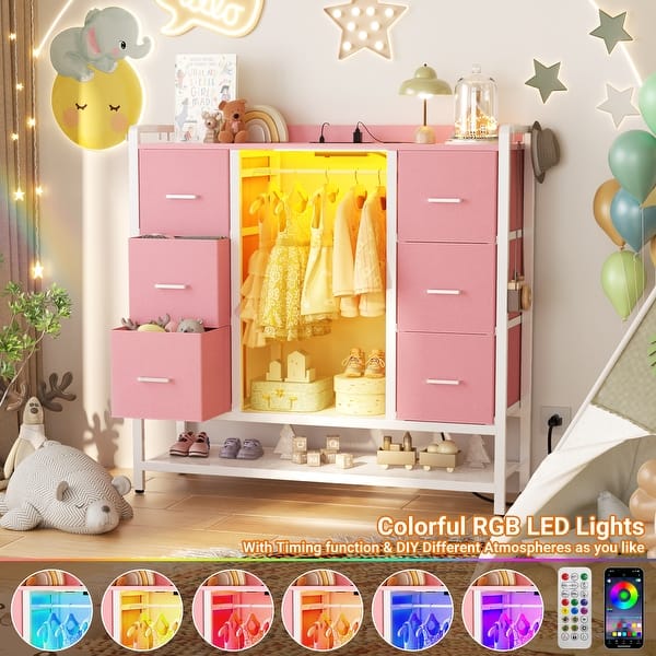 pink and yellow dresser IdealHouse 7 Drawer Dresser for Bedroom - 47.2 Inch Wide Double Chest of  Drawers with LED Light and Charging Station