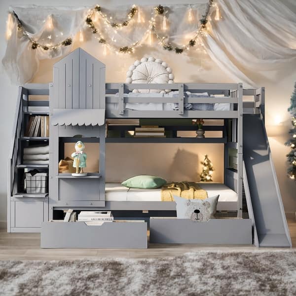 slide 2 of 9, Twin over Twin Bunk Bed With 2 Drawers,3 Shelves and Slide,Sturdy Frame