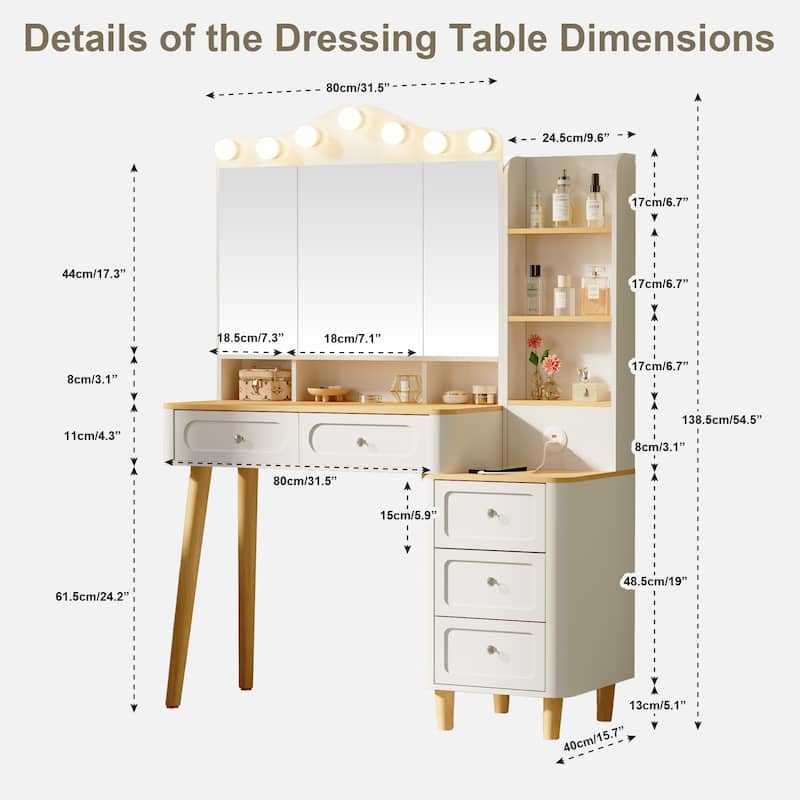 Vanity Desk with Mirror and Lights,Makeup Vanity with 2 USB Power Strip,Vanity Set with Two Drawers and Three-drawer Chest