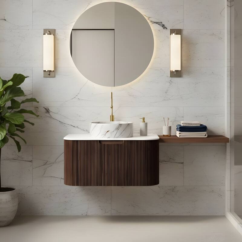 Floating Bathroom with Round Ceramic Basin and Storage Drawer