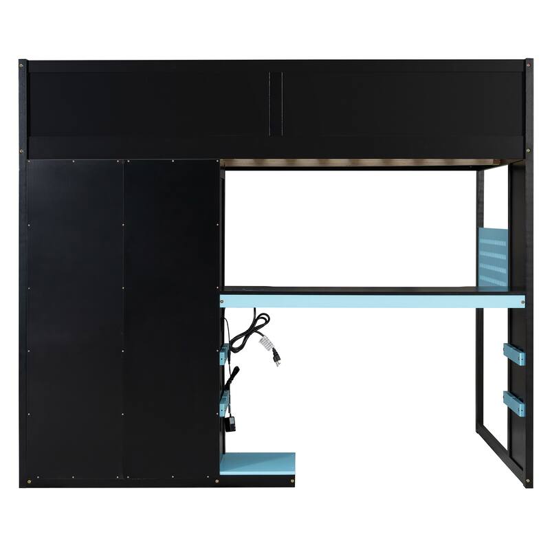 All-in-one Esports Gaming & Work Loft Bed with Adjustable Desk, LED, Charging Station, Pegboard, Storage Shelves and Wardrobe