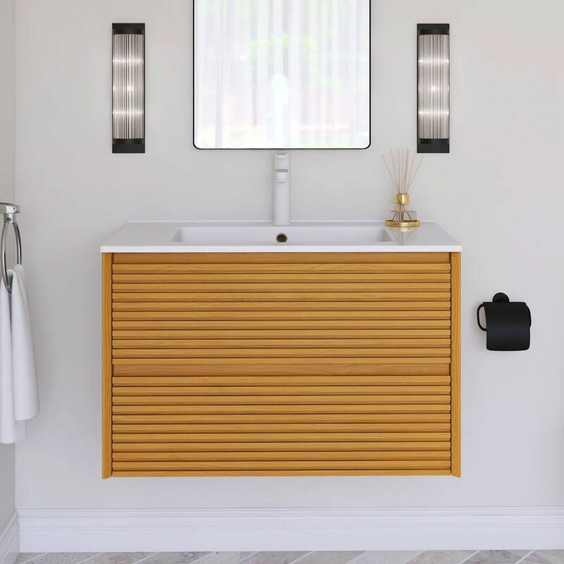 Wall-Mounted Bathroom Vanity with White Ceramic Sink - 29.92'' x 18.31'' x 20.4'' - Oak