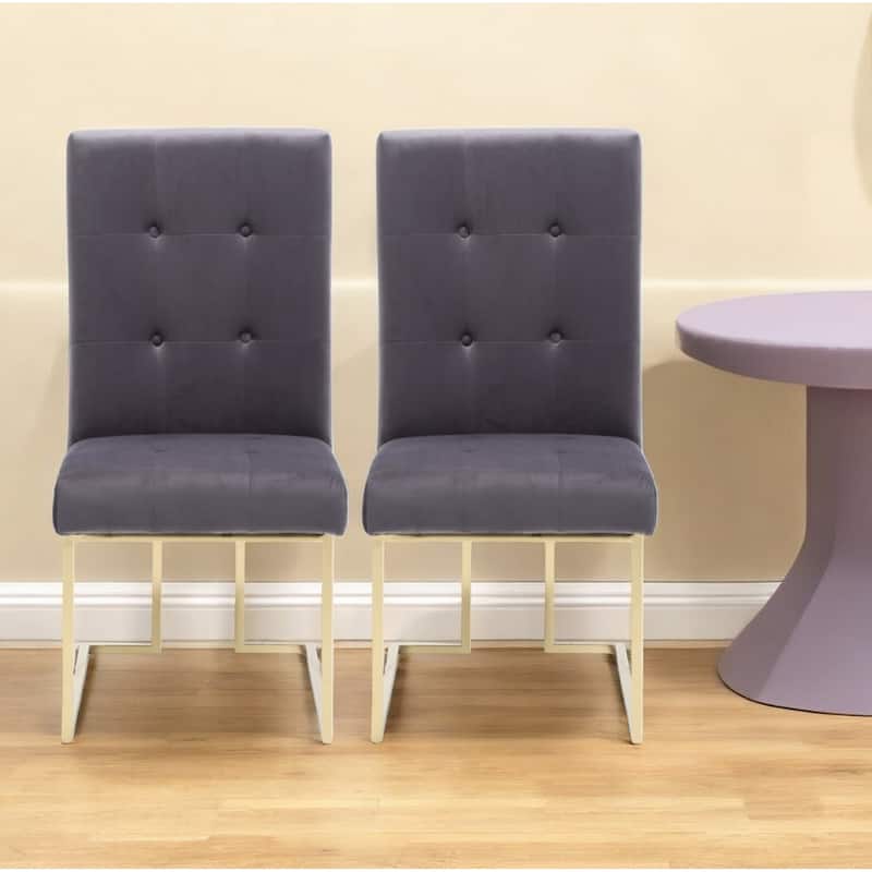 Set of Two Tufted Gray And Gold Upholstered Fabric Dining Side Chairs - Set of 2