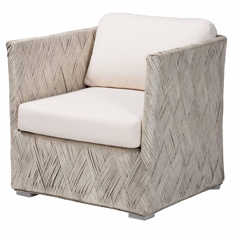 Melbourne Natural Rattan Lounge Chair - Handwoven Wicker Armchair with Tuxedo Frame for Living Room, Lounge, or Sun Room - Whitewash