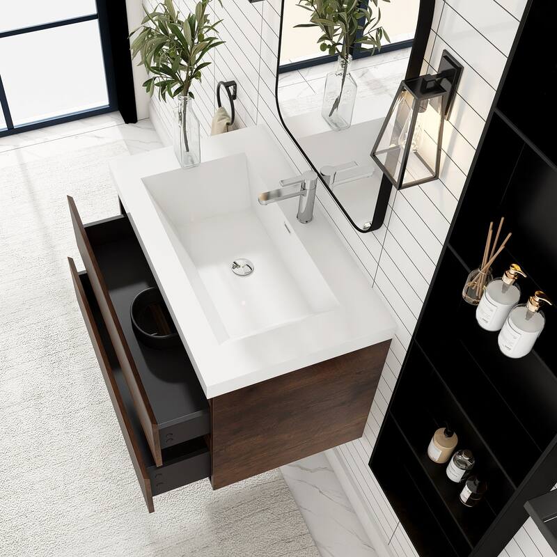 MDF Wall-Mounted Bathroom Vanity Set in Rose Wood with Integrated Culture Marble Sink