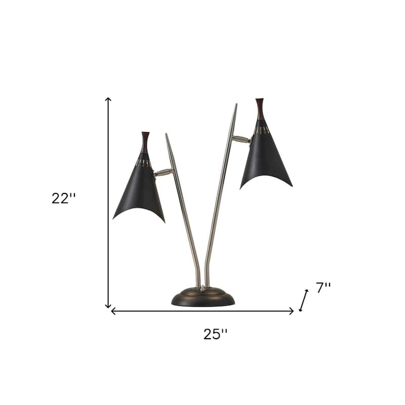 HomeRoots 22" Black and Silver Metal Two Light Desk Lamp With Black Cone Shades