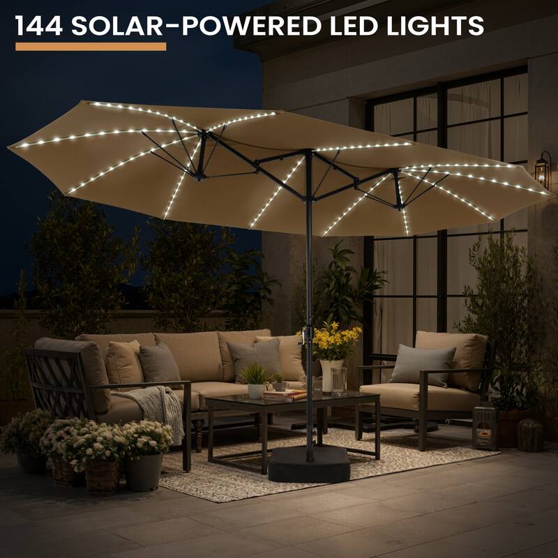 15ft Outdoor Patio Market Umbrella with Base and 144 Solar-Powered Led Lights