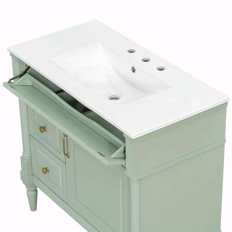 36" Bathroom Vanity with Sink, Freestanding Bathroom Cabinet with Ceramic Basin, Flip Drawer
