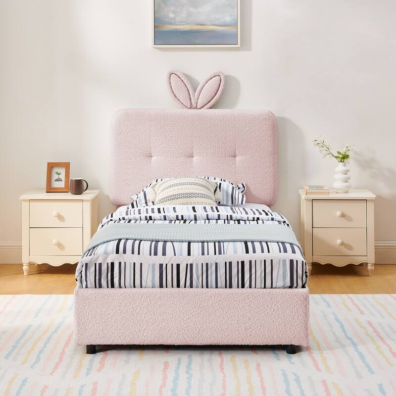 Kids Boucle Upholstered Bed with Rabbit Ear Headboard, LED Music Sync & 4 Drawers - Pink - Twin