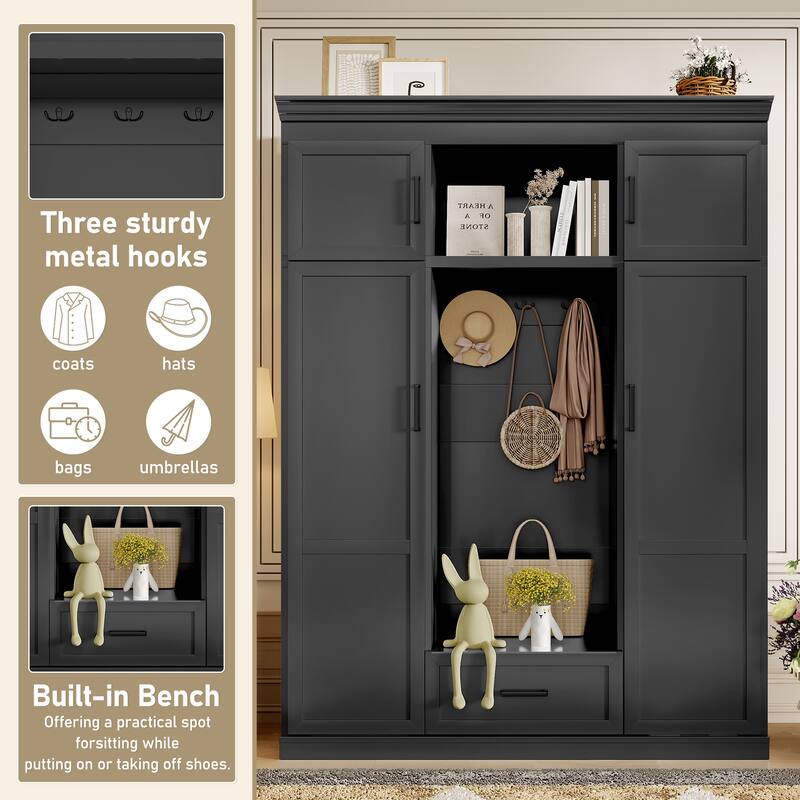 85.2" Hall Tree with Bench Hooks and Storage Cabinet with Doors Drawer and Shelves - 63" D x 19.7" W x 85.2" H