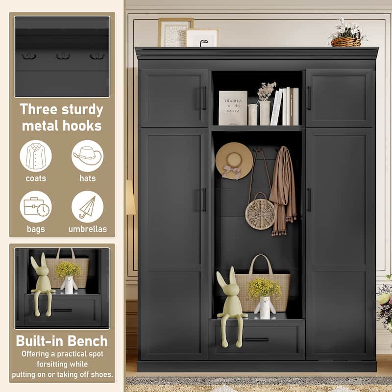 85.2''H Hall Tree with Bench and 3 Hooks, Modern Entryway Storage Organizer Cabinet with 4 Doors,1 Drawer and Adjustable Shelves