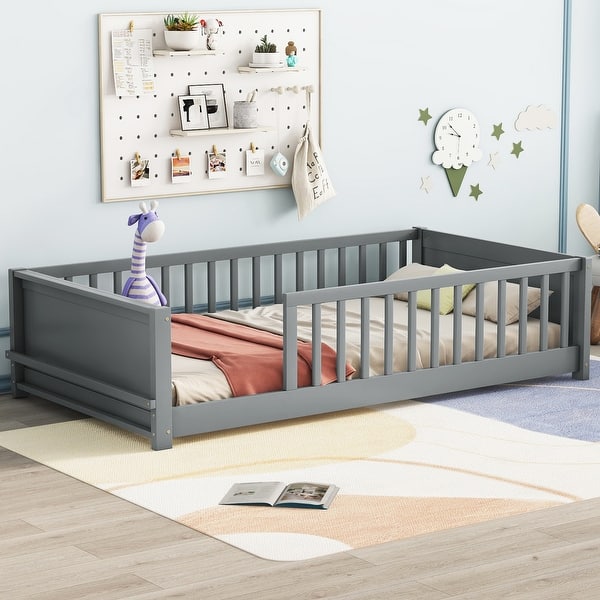 slide 2 of 35, Floor Twin size Platform Bed with Built-in Book Storage Rack for Home Grey