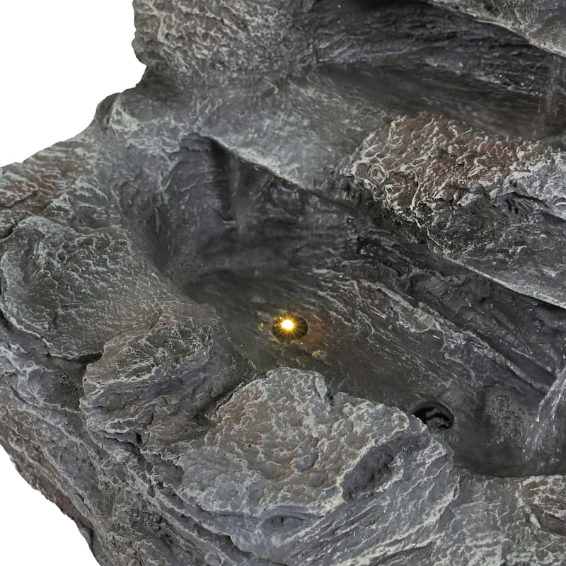 Roomfitters 21-Inch 4-Tiered Concrete Rock Waterfall Fountain with LED Lights, Natural Faux-Stone Cascading Water Feature, Gray