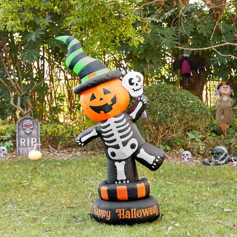 Glitzhome 6FT Lighted Halloween Jack-O-Lantern Skeleton Rotating Inflatable Decor
