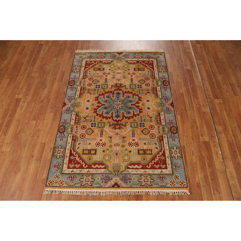 Hand Knotted Oriental 100% Wool Carpet Traditional Geometric Yellow & Gold Heriz (serapi) Area Rug - 5' 10'' X 4' 0''