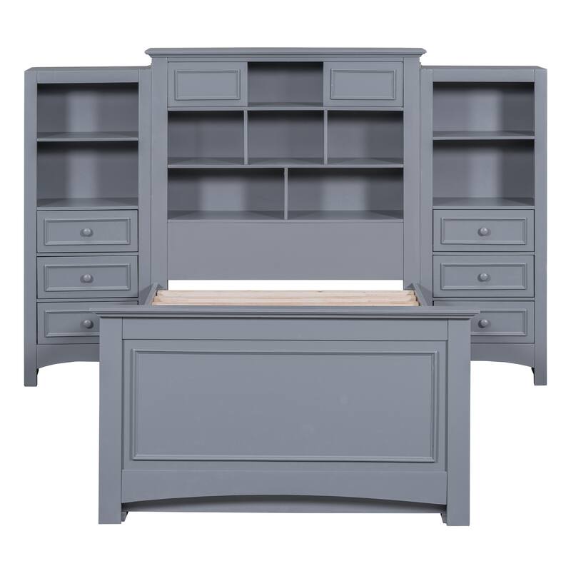 Gray Twin Size Wood Platform Bed with Vertical All-in-One Cabinet and 4 Drawers on each side