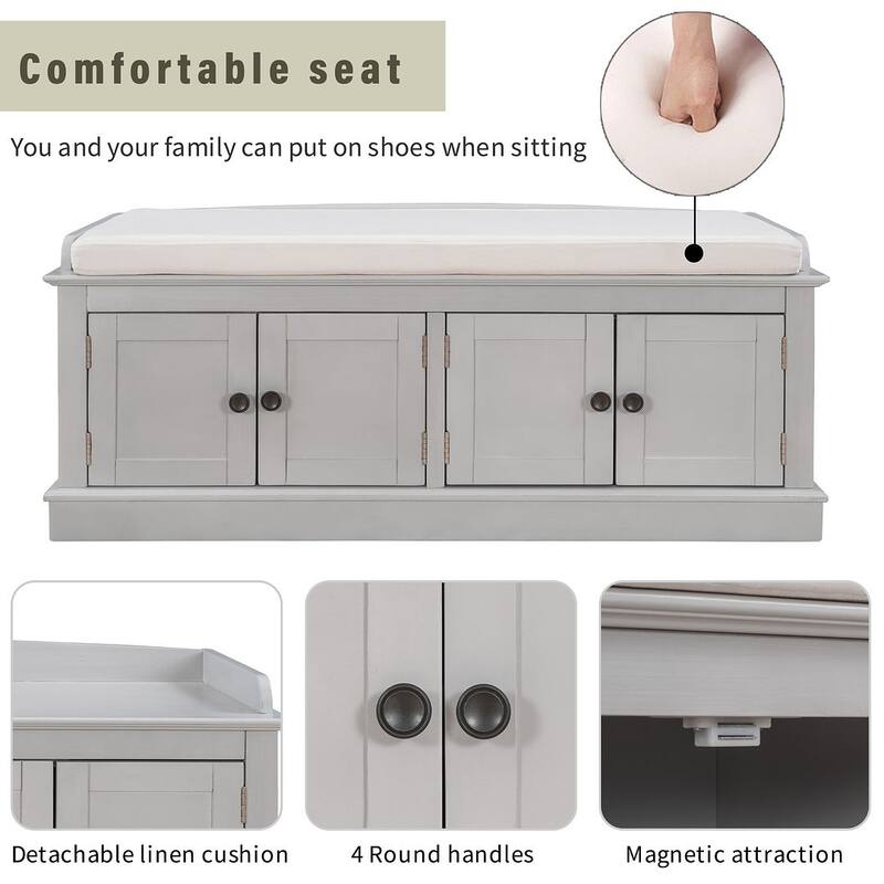 42.70" Modern Versatile Entry Upholstered Storage Bench with 4 Doors, Adjustable Shelves and Shoe Racks