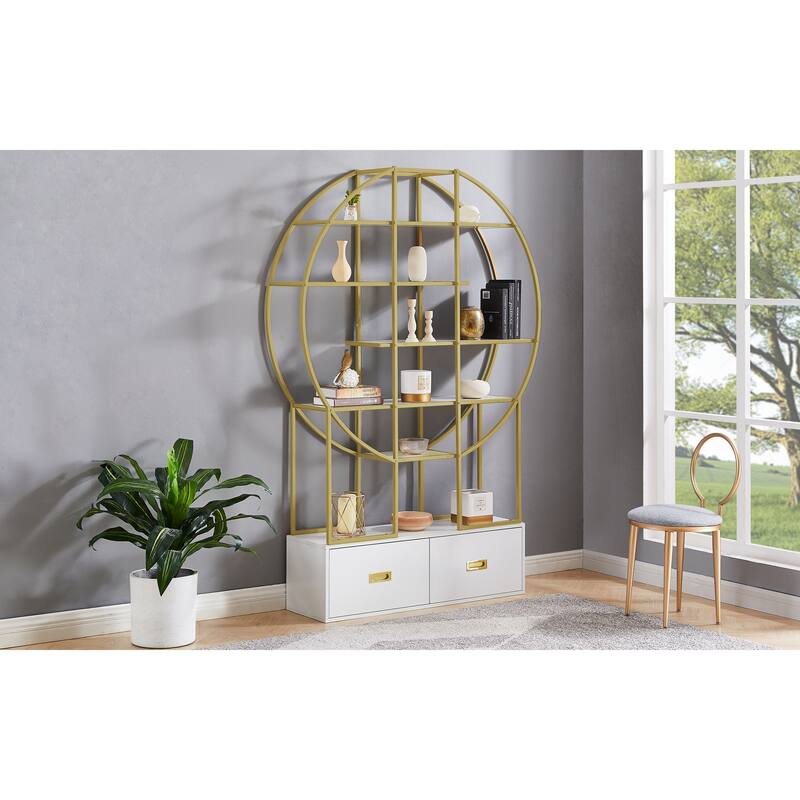 Roomfitters 70.8" Round Bookcase for Office, Bookshelf with Display Shelves and 2 Drawers, Gold Frame, Golden+White