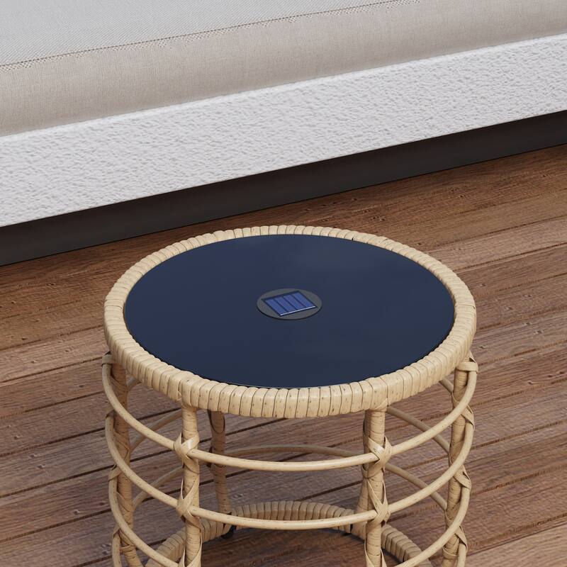 Topped Rattan End Table,Glass Top & Solar Ambient Light,Ideal for Outdoor Bar & Restaurant Ambiance