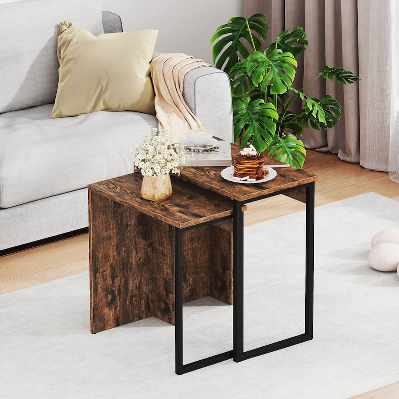 Costway Set of 2,Nesting Coffee Table 2-in-1 Faux Wood Top Sofa Side - See Details