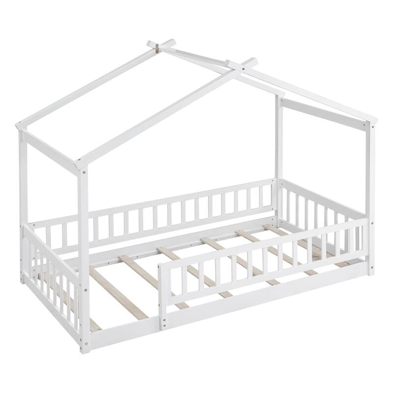 White Twin Size Wood House Bed Frame with Roof & Fence
