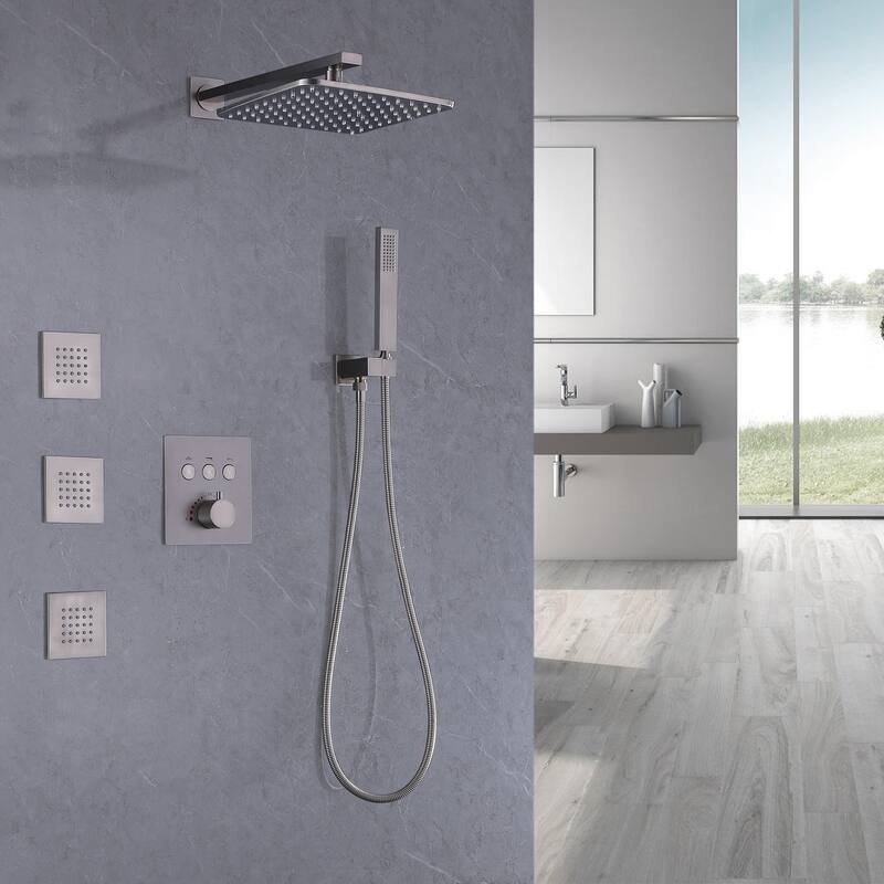 Luxury 3-Way Complete Rain Showerhead with High-pressure Handheld Showerhead&3-Body Jet in Black/Gold/Nickel - Brushed nickel