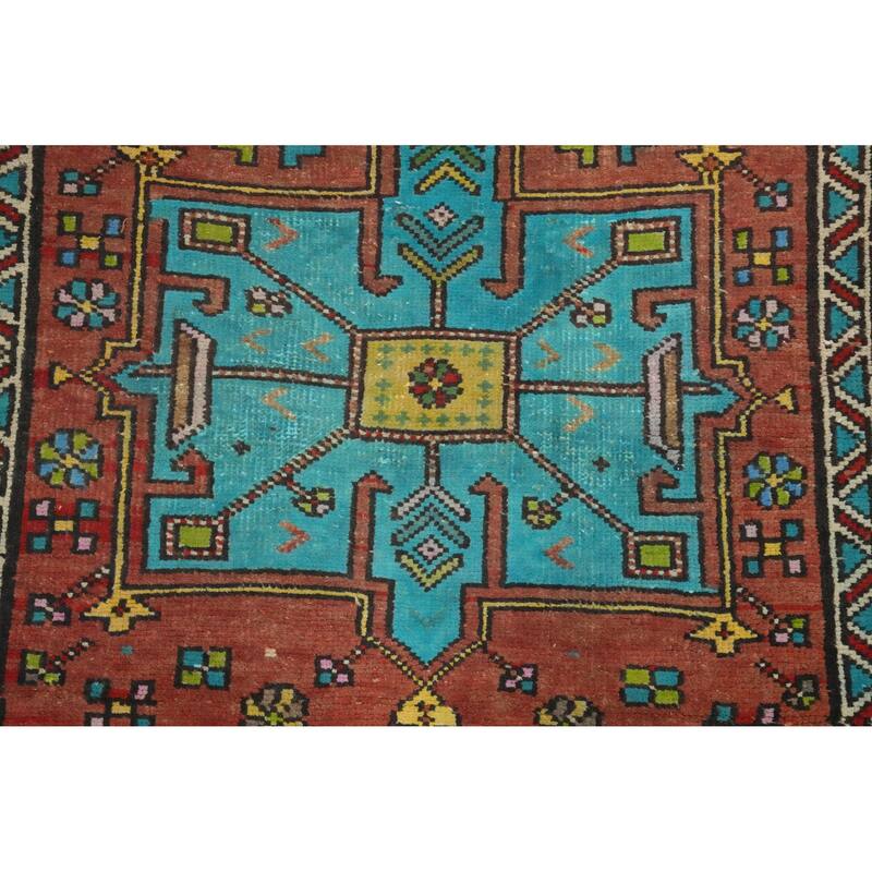 Hand Knotted Oriental 100% Wool Carpet Traditional Geometric Oranges & Rust Heriz Runner Rug - 9' 11'' X 3' 1''