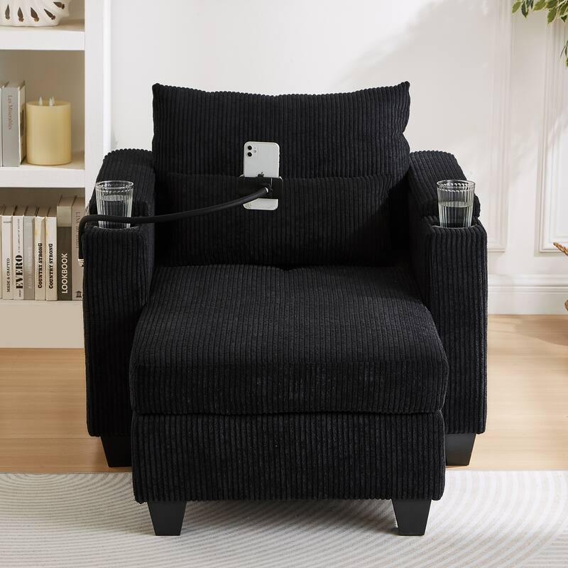 Convertible Chaise Lounge Sofa Chair with USB Ports, Storage 37.4" Corduroy Sleeper Sofa Bed with Adjustable Backrest