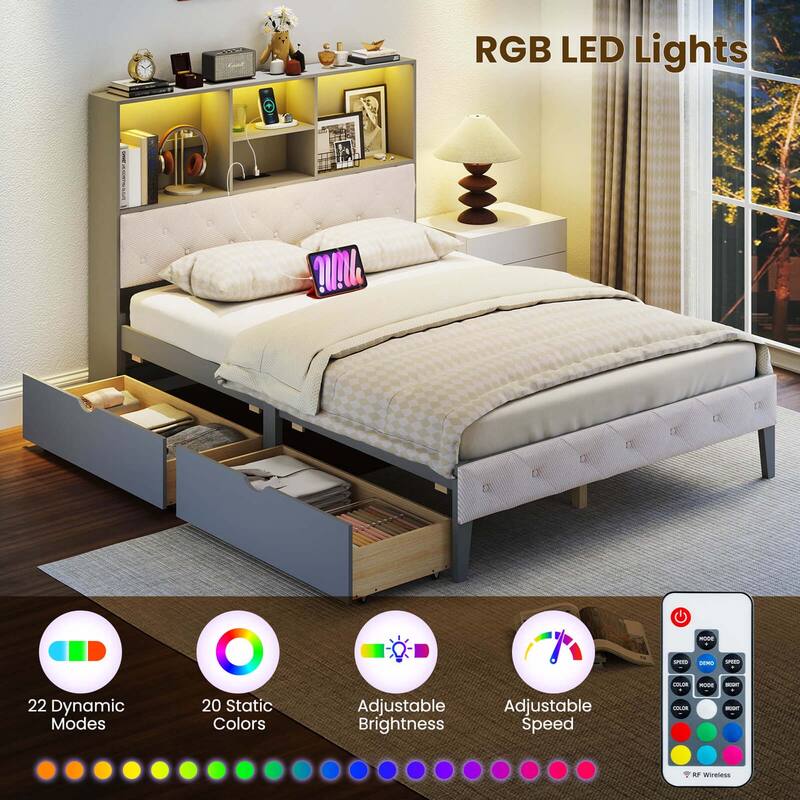 Costway Full Size Bed Frame with Bookcase Headboard Storage Bed with