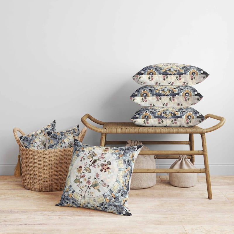 Botanical Mosaic Faux Suede Reversible Throw Pillow Gray and Rust
