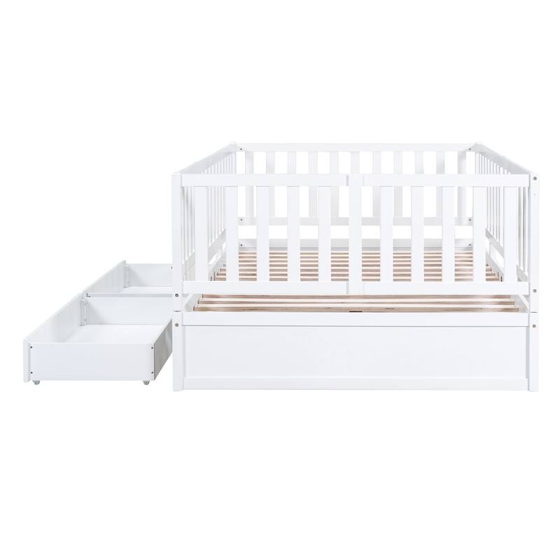 Modern Wood Daybed with Fence Guardrails and 2 Drawers