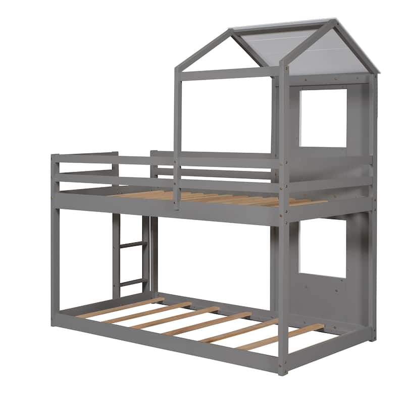 Grey Twin over Twin Solid Wood Bunk Bed with Roof, Window, Guardrail, and Ladder